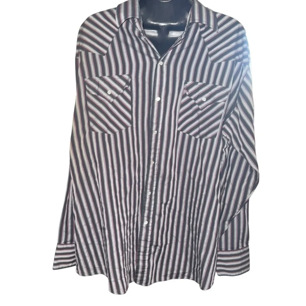 Ely Cattleman Men’s XL Western Snap Shirt Black Gray Burgundy Stripe Cowboy